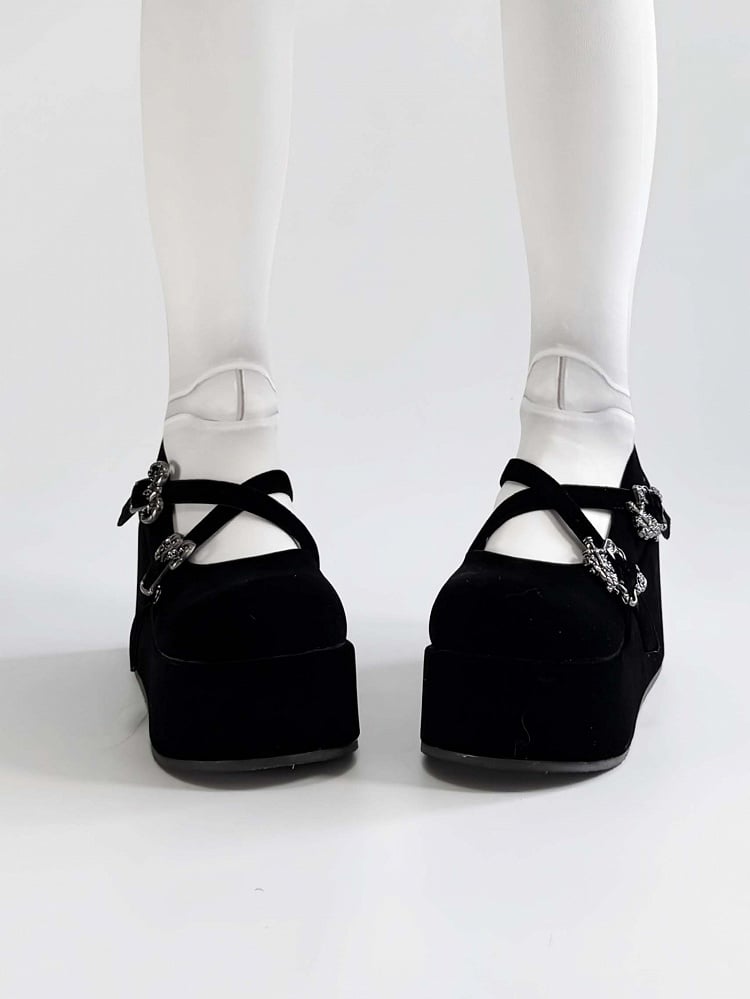 Velvet Black Gothic Crosscriss Design Platform Mary Janes With Detachable Buckles