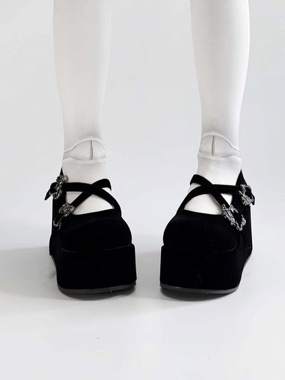 Velvet Black Gothic Crosscriss Design Platform Mary Janes With Detachable Buckles