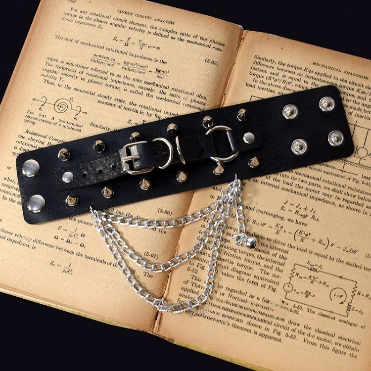 Gothic Black Studs Cyberpunk PU Wristband Bracelet with Chains