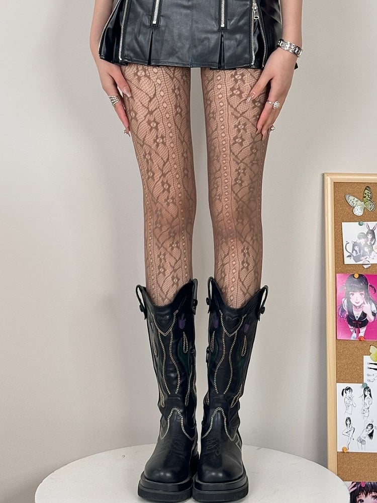 Black/White/Gray/Brown/Blue Hollow-out Design Floral Pattern Tights