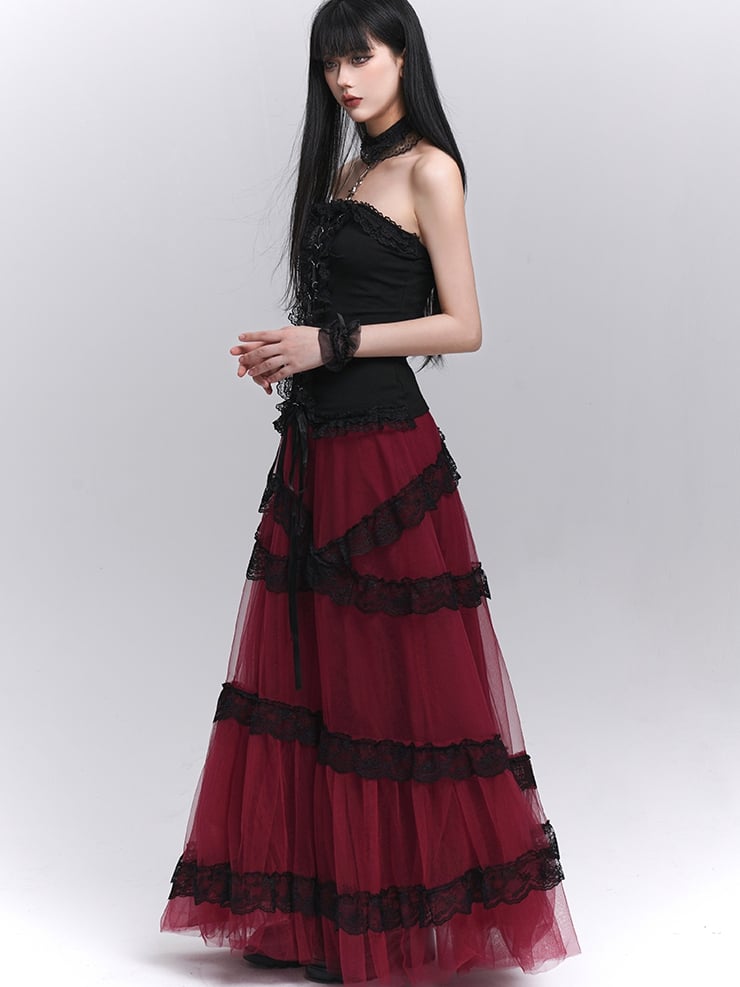 Contrast Black Lace Trim Wine Red Floor Length Mesh Skirt