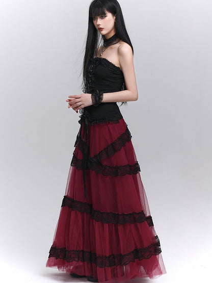 Contrast Black Lace Trim Wine Red Floor Length Mesh Skirt