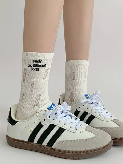 Letters Embroidery Distressed Holes Socks White/Black/Gray/Khaki