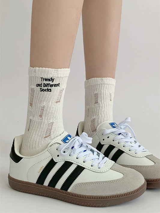 Letters Embroidery Distressed Holes Socks White/Black/Gray/Khaki