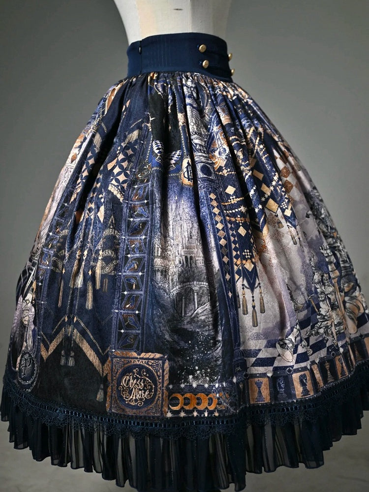 Dark Blue Corset Belt Waist Chess Theme Print Lolita Skirt