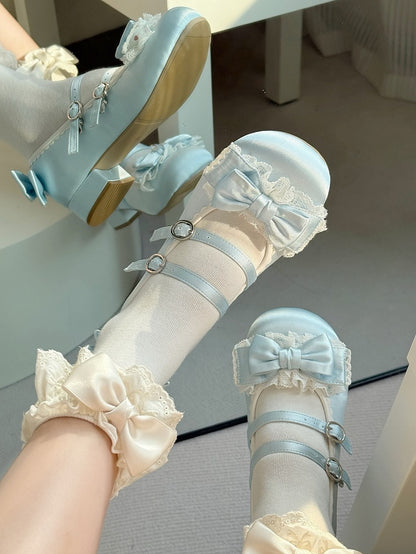 Ruffled Lace, Bow Details & Double Closure Blue Low-heel Mary Janes in Sweet Lolita
