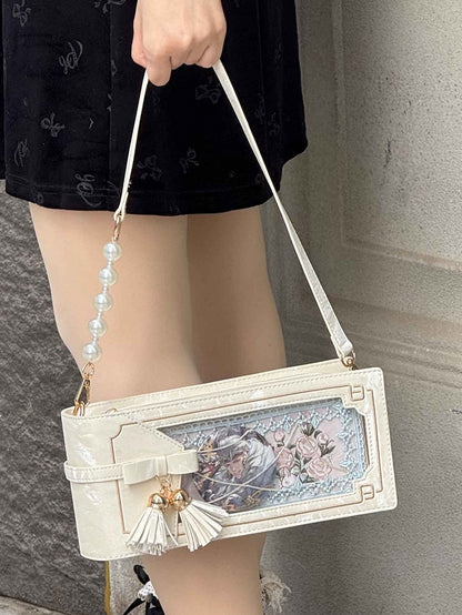 White PU Floral Pattern Cheongsam Style Ita Bag With Bow & Fringe Accent