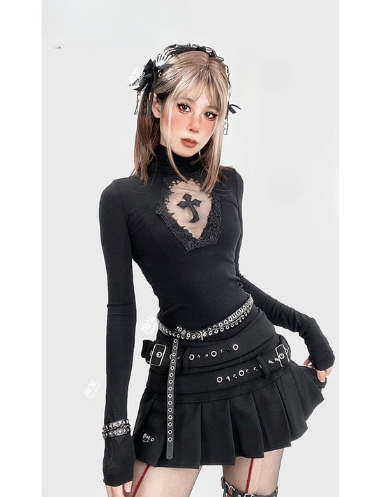 Gothic Black Y2K High Neck Cross Cutout Detail Glamorous Top