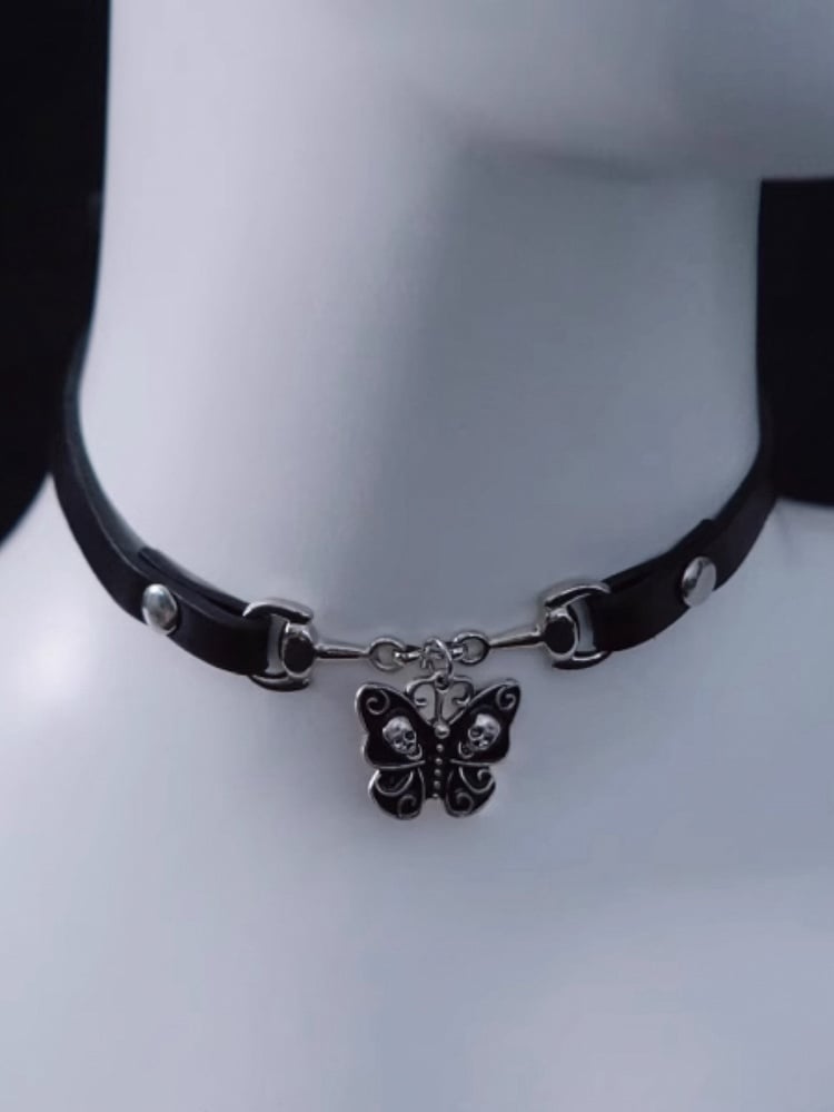 Gothic Skull Butterfly Pendant Black PU Choker