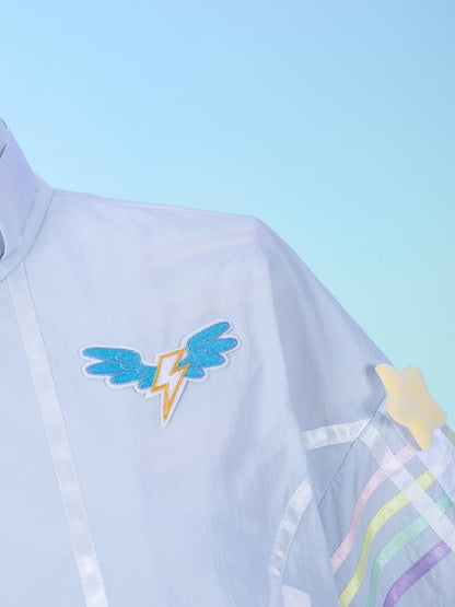 Buckle Strap High Collar Blue Moto Jacket with Lightning Wing Patch Rainbow Dash Vibes