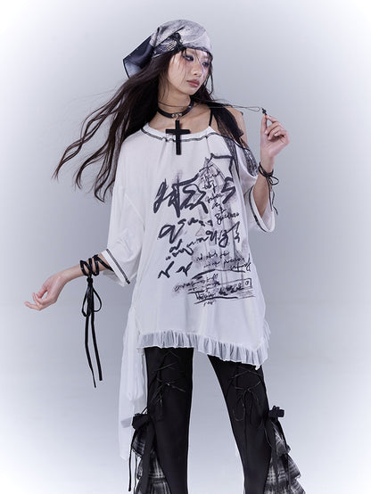 White Asymmetrical Neckline Ruffle Hem Graphic T-Shirt with Self-tie Strap Waist