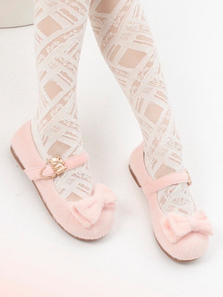 Plush Sweet Pink Flat Shoes for Lolita with Decorative Bow & Hugging Bear Clasps - Regular/Thicken Version