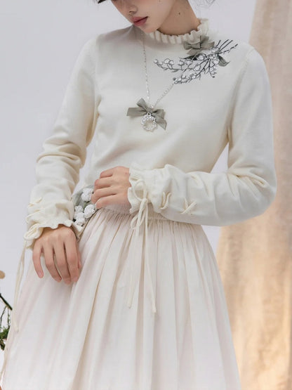 Beige Lily of the Valley Embroidery Lace-up Cuffs Autumn Knit Top