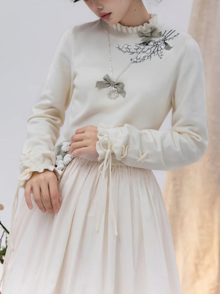 Beige Lily of the Valley Embroidery Lace-up Cuffs Autumn Knit Top