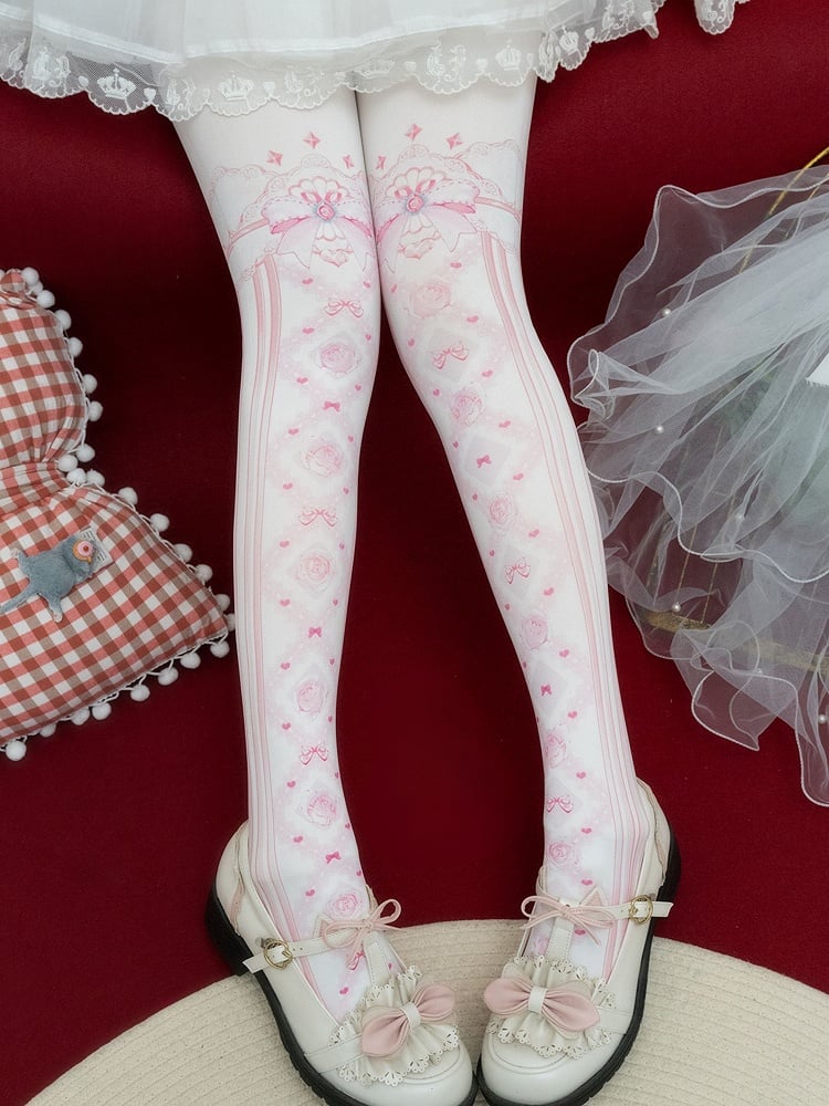 Red/Pink/Blue/Black/Yellow Bowknot And Floral Print Tights