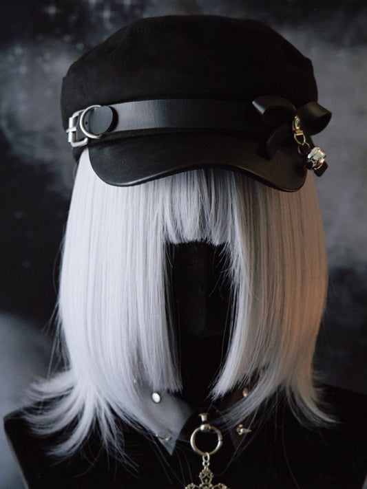 Black Gothic Bell Charm Bowknot Decorated Buckle Design Beret Hat