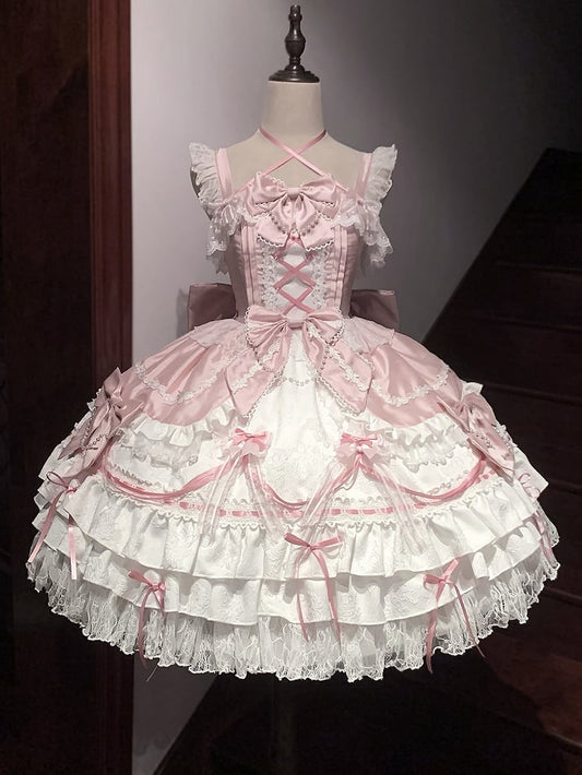 Sweet Bead Chain Bows Decorated White and Pink Tiered Skirt Lolita Dress