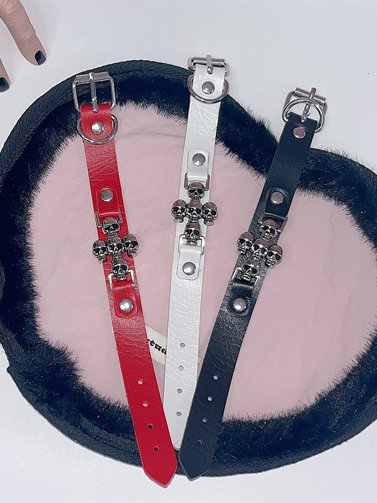 Black/White/Red PU Y2K Punk Metal Skull Cross Bracelet