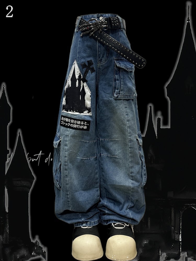 Blue Y2K Letter Applique Cargo Pockets Decorated Wide-leg Cut Jeans
