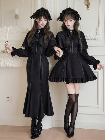 Black Jirai Kei-inspired Elegant Mermaid Dress with False Two-Piece Cape