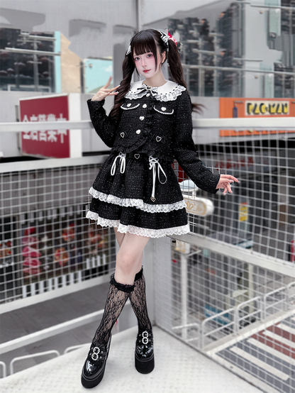 Jirai Kei Black Tweed Crop Jacket with Heart Buttons and Bow Accents