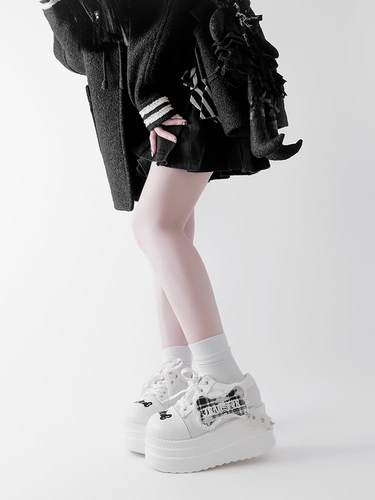 White Punk Bone Applique Silver-tone Studs Platform Shoes
