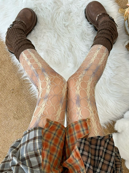 White&Gray Gyaru Fashion Tie Dye Hollow-out Details Tights