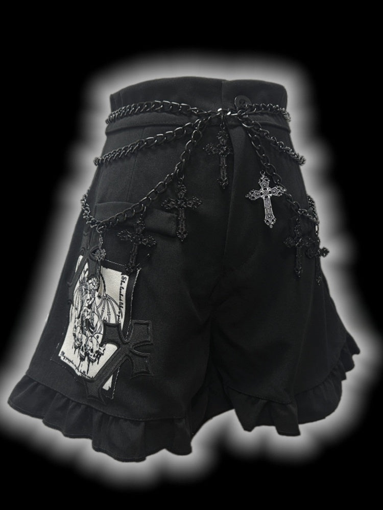 Gothic Black Cross Patches High Waist Ruffle Trim Shorts with Free Waist Chain