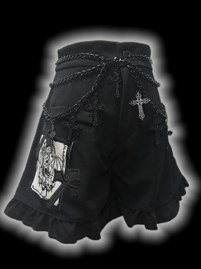 Gothic Black Cross Patches High Waist Ruffle Trim Shorts with Free Waist Chain