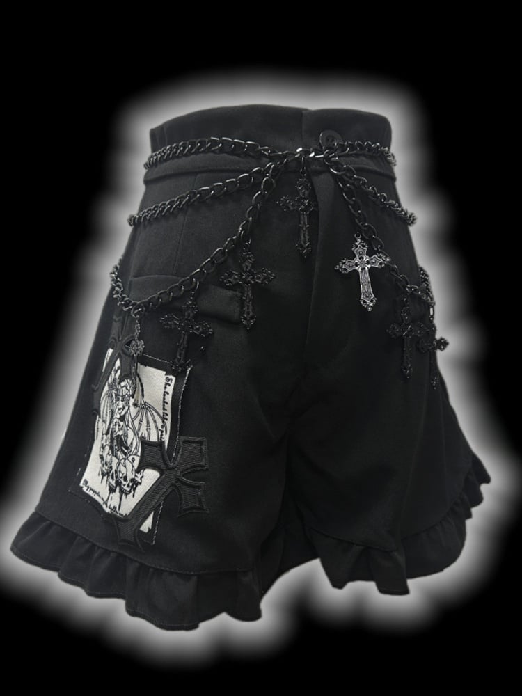 Gothic Black Cross Patches High Waist Ruffle Trim Shorts with Free Waist Chain