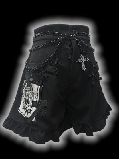 Gothic Black Cross Patches High Waist Ruffle Trim Shorts with Free Waist Chain
