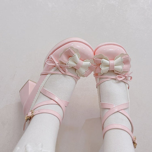 Bow Accents Crisscross Ankle Strap Pink Round Toe Sweet Mary Janes