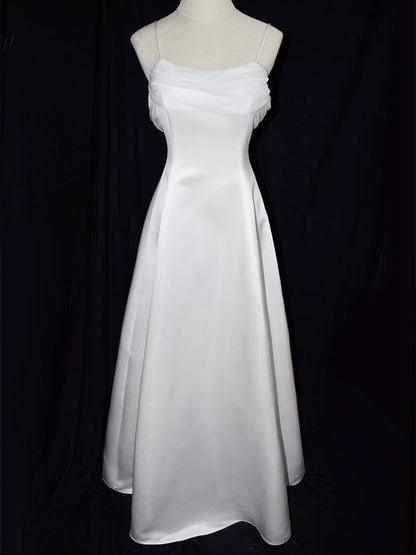 Vintage White Satin Spaghetti Straps Gown Wedding Dress