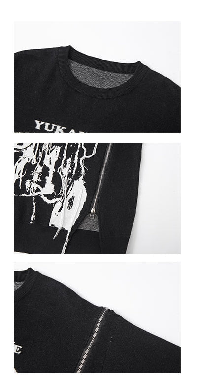 Black Punk Rock Zips Design Loose Round Neck Sweater