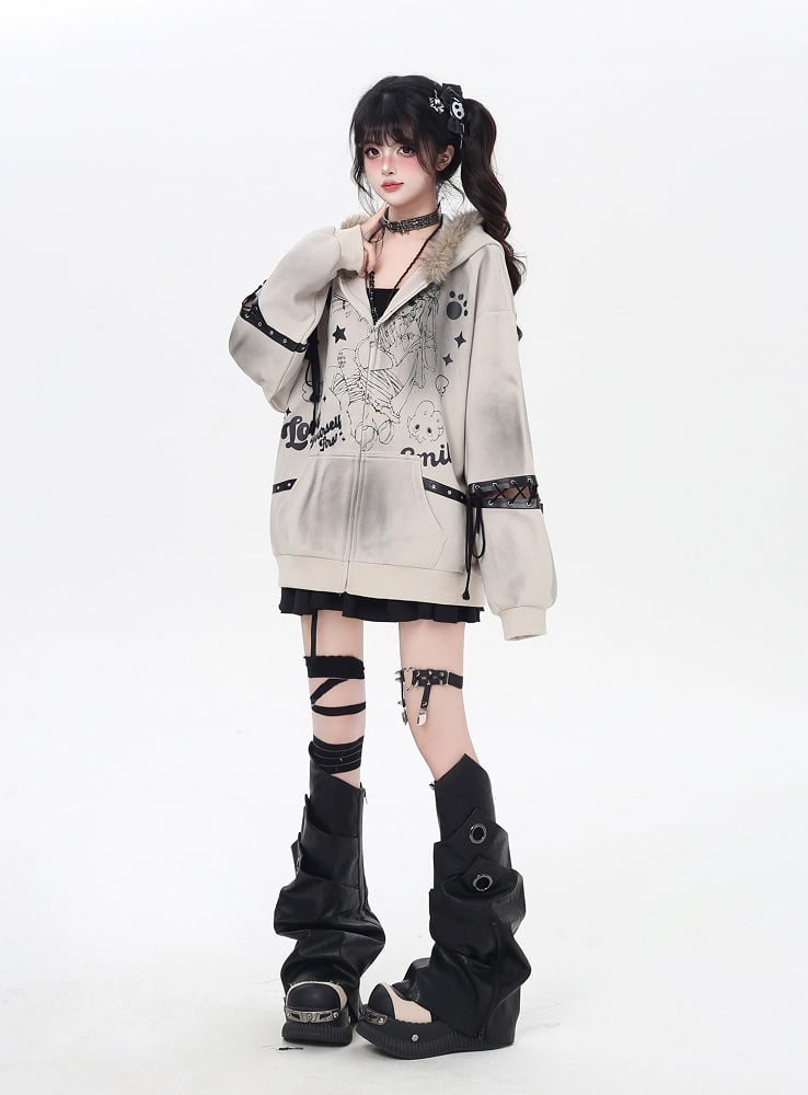Khaki/Black Faux Fur Collar Loose Punk Coat with Lace-Up Detail