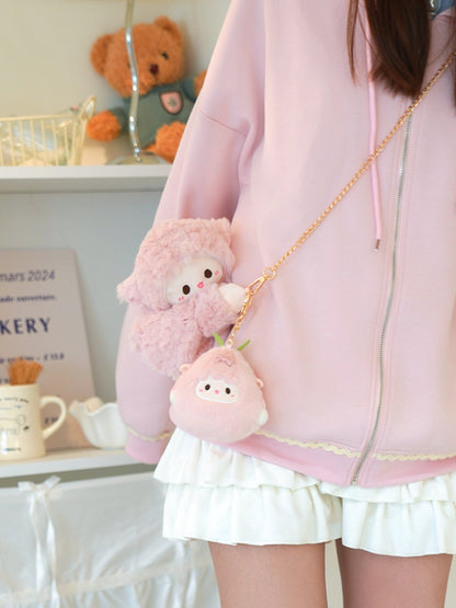 Cute Little Lamb Pink Plush Backpack/Crossbody Bag + Keychain