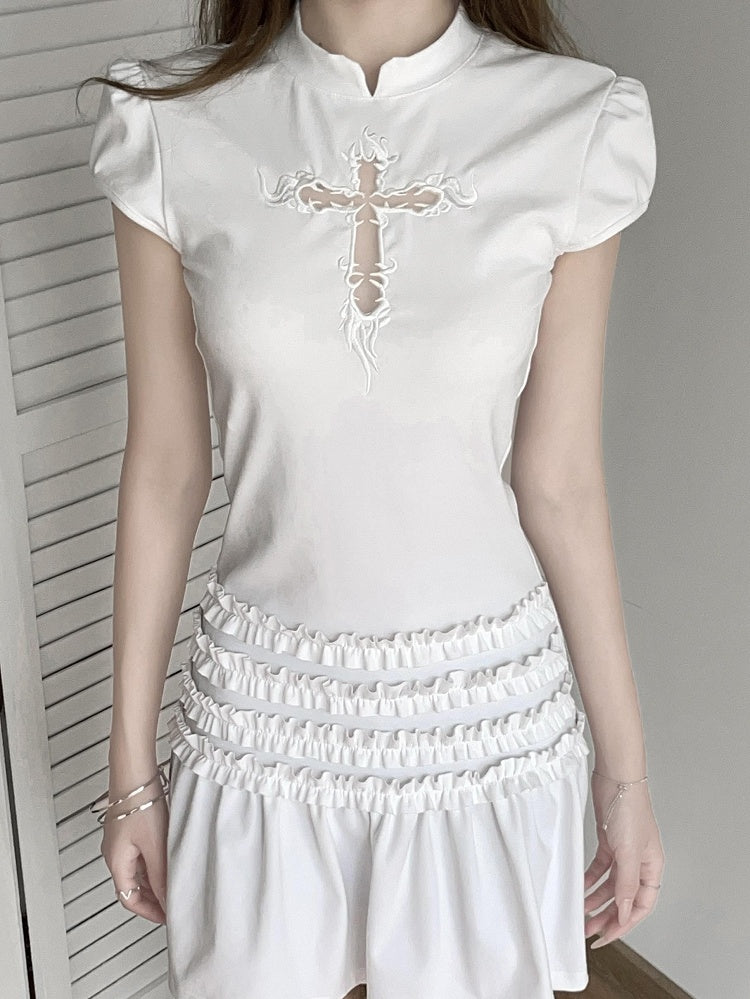 Black / White Cheongsam Dress with Organza Applique Cross Embroidery