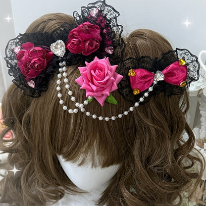 Three Pink/Black&Pink/Pink&Bege Rhinestone Heart Decorated Floral Design Bead Chain Bowknot Hairclips