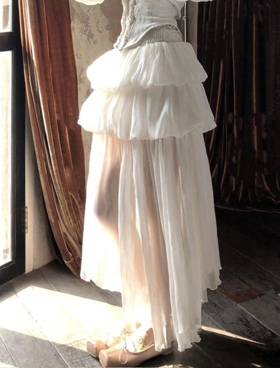 Apricot Ankle-Length Tiered Bubble Skirt with Ruffled Hem