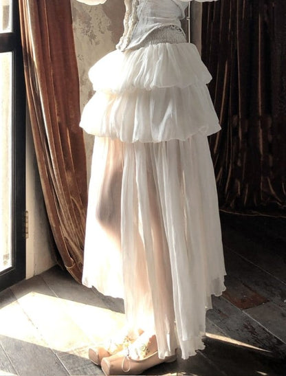 Apricot Ankle-Length Tiered Bubble Skirt with Ruffled Hem