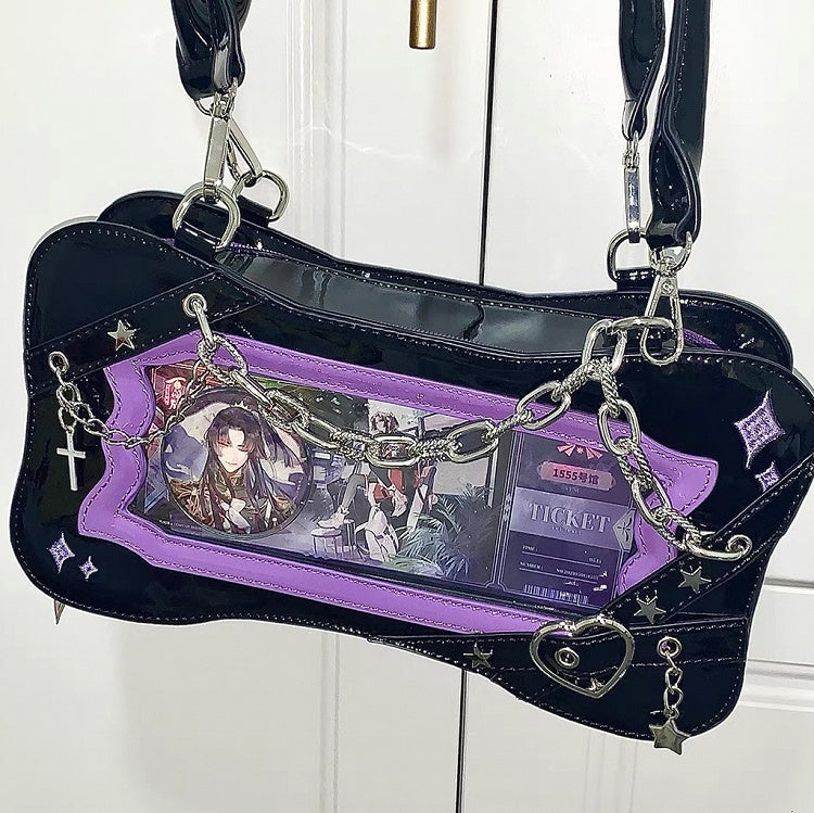 Black & Purple Bone Shape Ita Shoulder Bag with Cross Charm Chain