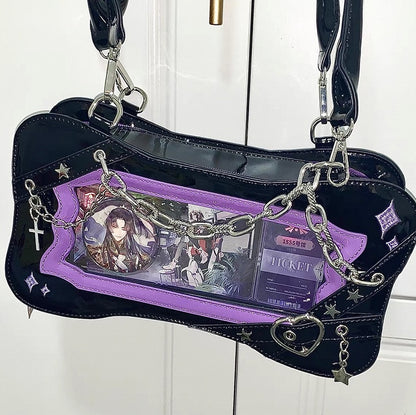 Black & Purple Bone Shape Ita Shoulder Bag with Cross Charm Chain