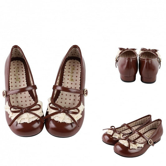 Dark Brown Knotted Bow Accent Lace Trim 2.2CM Heels Round Toe Mary Janes