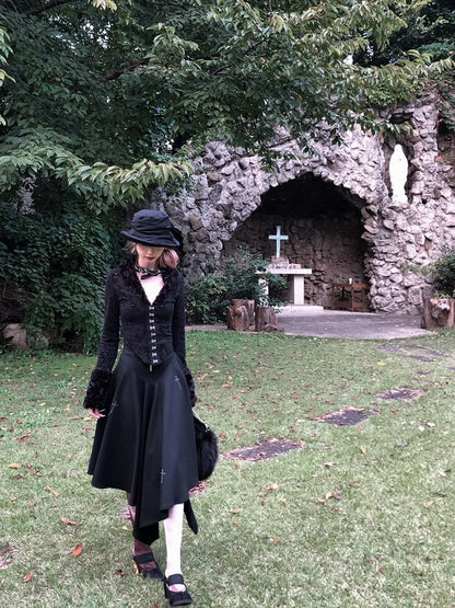 Black/Dark Gray Gothic Lace Embroidered Ankle-Length Skirt with Cross Stitch Detailing