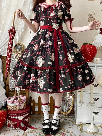 Teddy and Strawberry Print Black Lolita Short Sleeves Dress