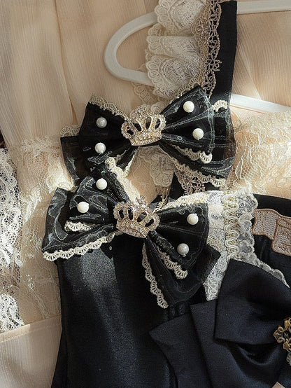 Black/Wine Red Rhinestone Crown And Beaded Decorated Bowknot Hairclip