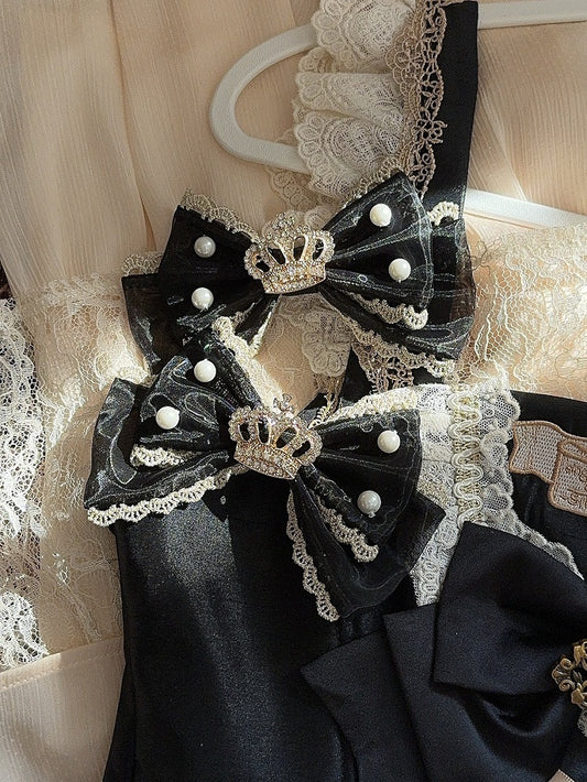 Black/Wine Red Rhinestone Crown And Beaded Decorated Bowknot Hairclip