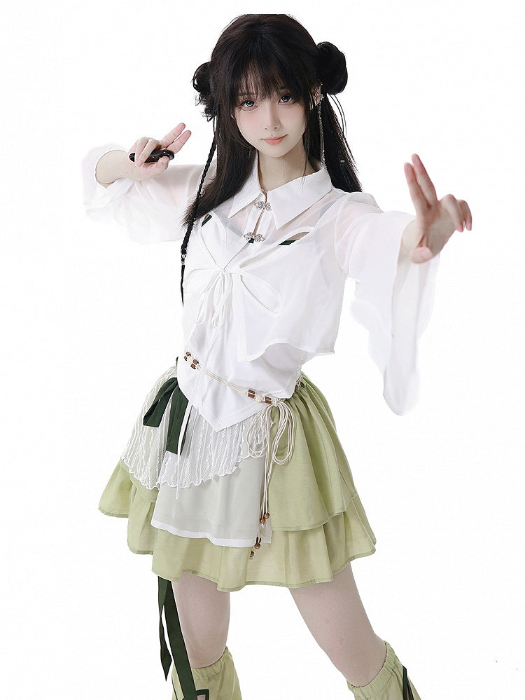 Green Cheongsam Style Elastic Waist Tiered Skirt with Waist Belt