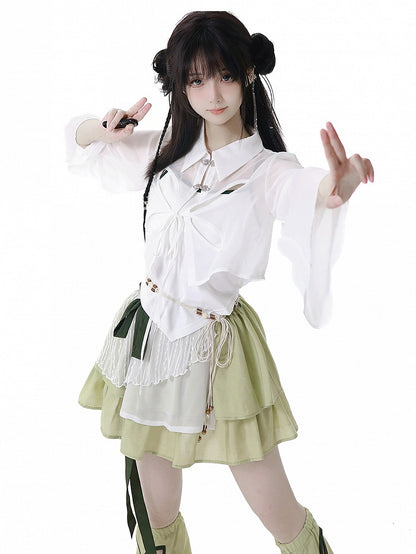 Green Cheongsam Style Elastic Waist Tiered Skirt with Waist Belt