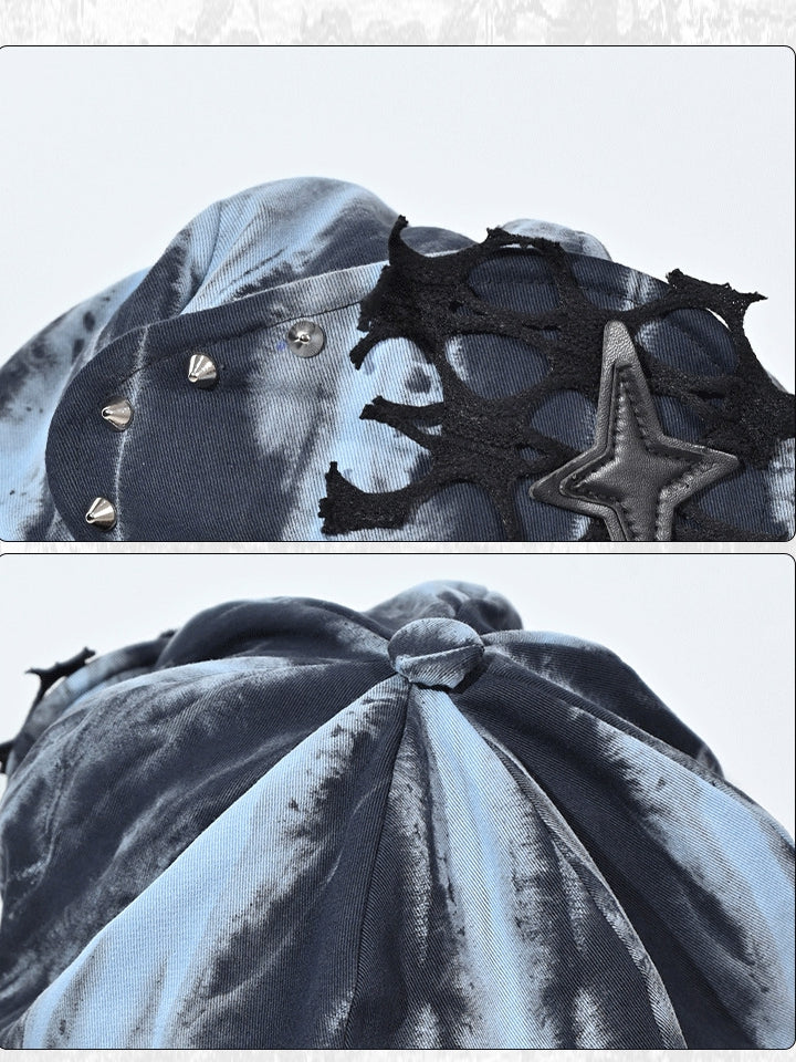Grunge Punk Rock PU Star Studs Design Blue and Black Tie Dye Beret